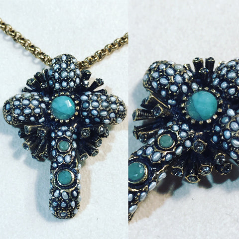 Necklace in Bronze " Cross with Pearls and Turquoise " ref. C4476C