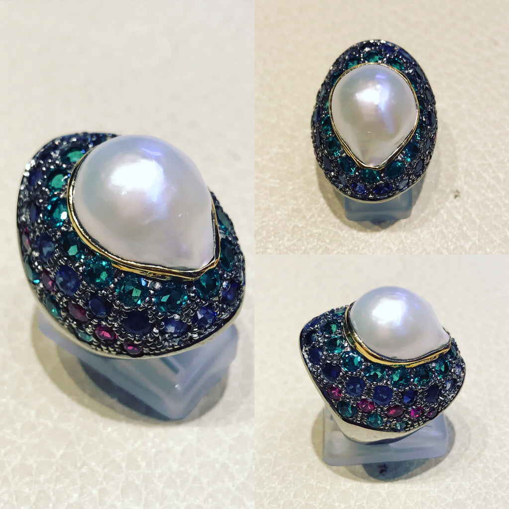 Ring with multi colour sapphires and Pearl