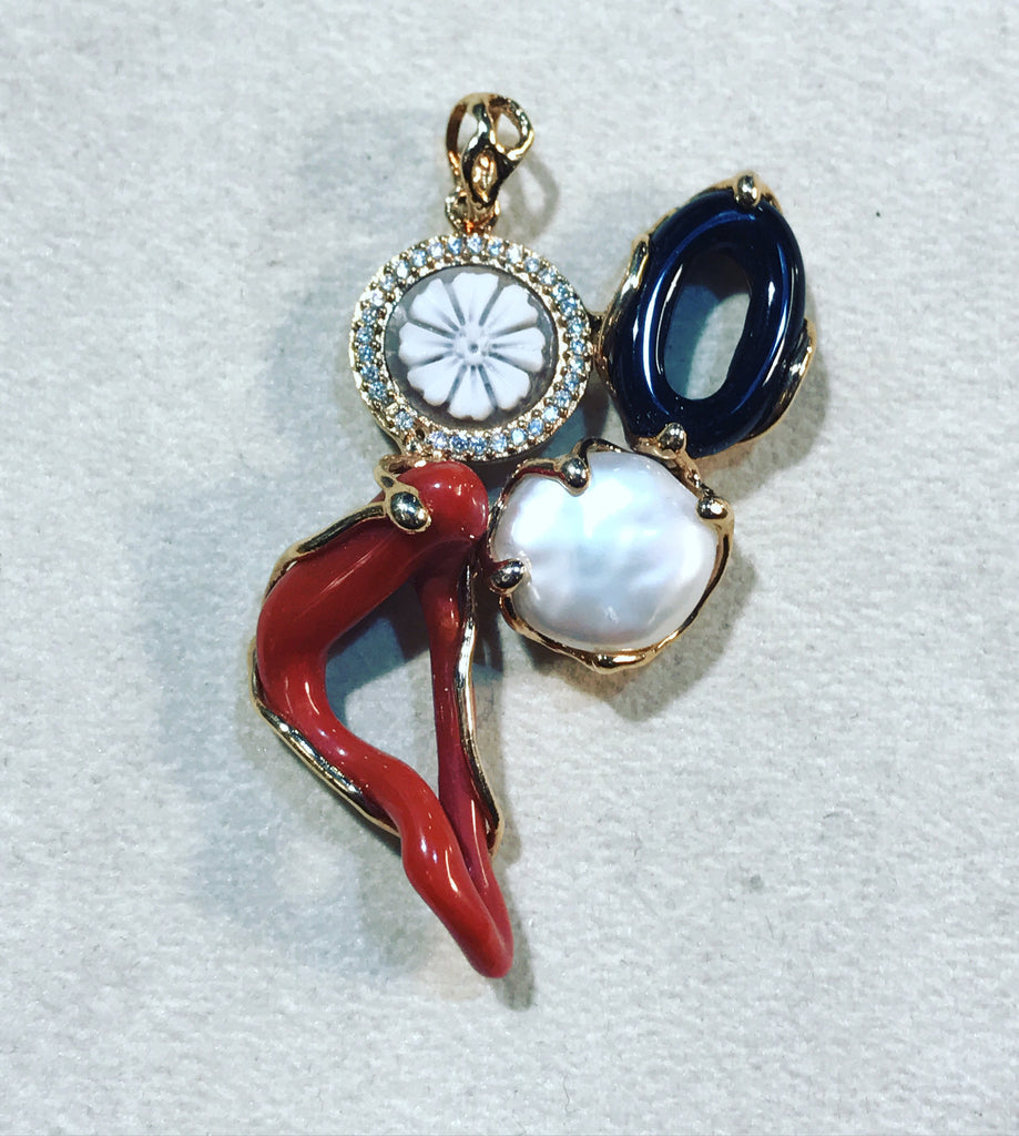 Pendant with Cameo,Red Coral,Zircons and Pearl