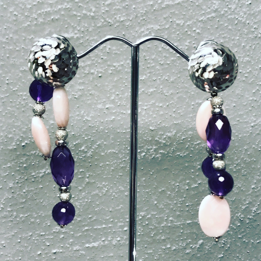 Pendant Earrings " Amethysts and Pink Corals "
