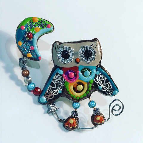 Brooch with Multi Colour Polishes " Owl with Baloon "