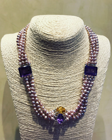 Necklace with Pink Pearls and Amethyst
