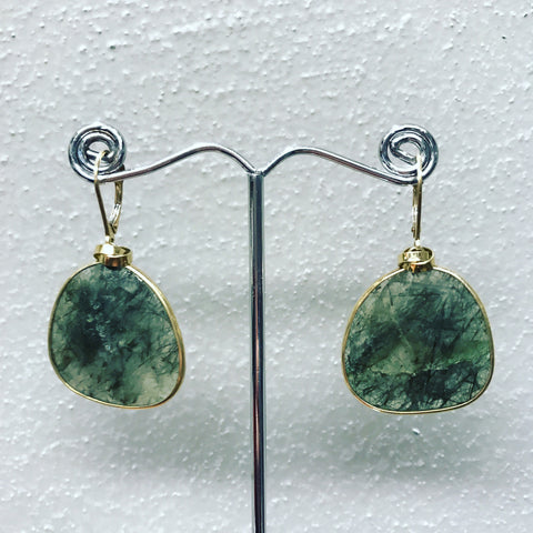 Pendant Earrings in Silver 925 " Grey-Green Flat Quartz "