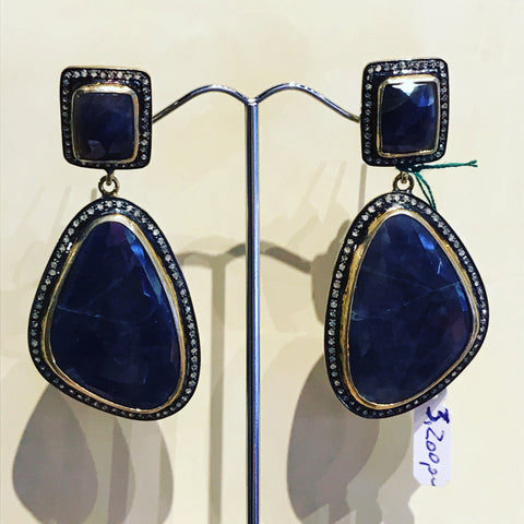 Pendant Earrings with Flat Blue Sapphires and Black Diamonds