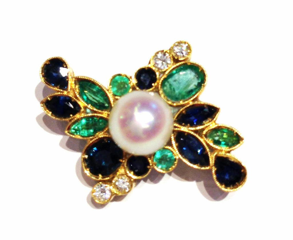 Central Pearl with Emeralds and Sapphires